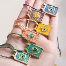 2025 Gold Plated Copper Heart Pattern Evil Eye Tarot Card Pendant Colorful Rope Chain Necklace Women Bohemia Jewelry