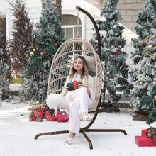 Cozy Hanging Egg Chair With Stand Indoor Outdoor, Wicker Patio Basket Swing Chair With Cushion And Golden Legs, 350lbs Durable Sturdy Egg Hammock Chairs For Deck Balcony Backyard Porch, Golden/Beige