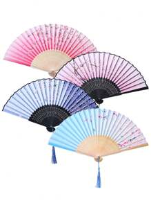 4 piezas Abanico de mano plegable, abanico de mano de material de seda para fiesta, boda, regalo, decoración de pared