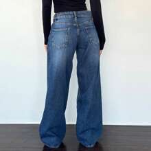Women's Low-Waisted Loose Jeans Loose Wide Leg Trousers Boyfriend Casual Washed Jeans With Pockets - Blue - View 3