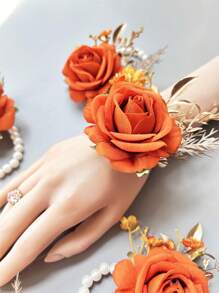 1 cái/6 cái hoa cài cổ tay bằng polyester màu cam phong cách Boho hình hoa hồng, phụ kiện cưới mùa hè cho cô dâu và phù dâu, phụ kiện ngày Valentine. - Màu Cam cháy - Xem 5