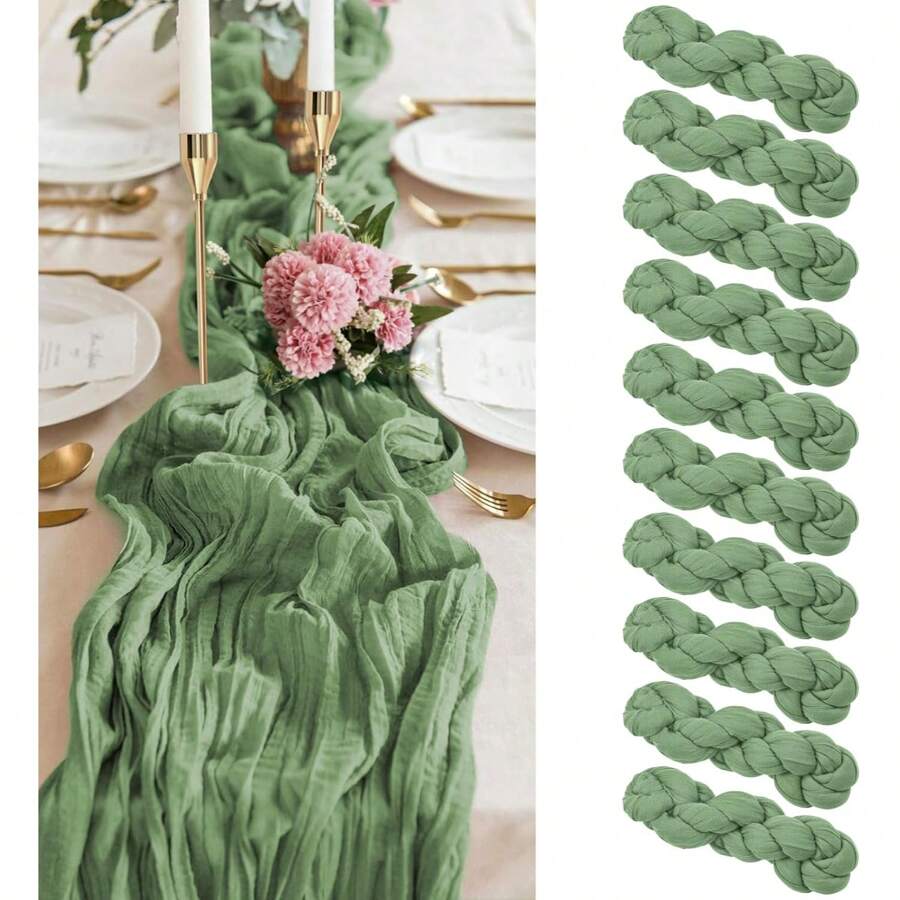 12pcs Cheesecloth Table Runner, 6ft Gauze Fabric, Soft Green Crinkle Voile Mesh, Boho Bridal Wedding Party Table Decor, Christening Baptism Christmas Decorations