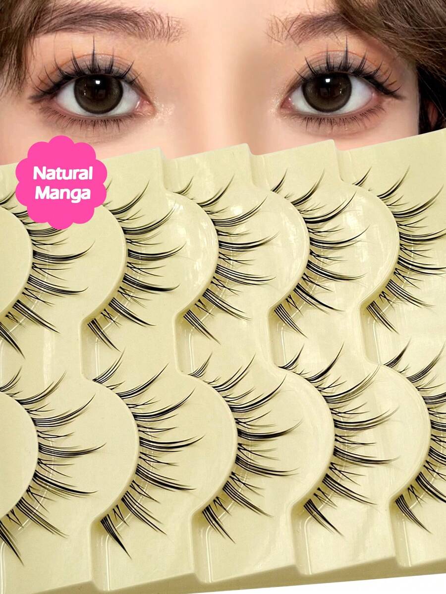 Asiteo 5 Pairs Of Natural And Dramatic Spiky Manga False Eyelashes , Anime Style With Transparent Band, Suitable For Makeup And Daily Wear - 尖尾漫畫款 - 查看 1
