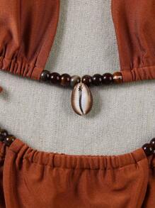 New Spring/Summer Sexy Solid 's Halter Tie Bikini Set Set, Suitable For Beach, Vacation, Party, Date - Khaki - View 4