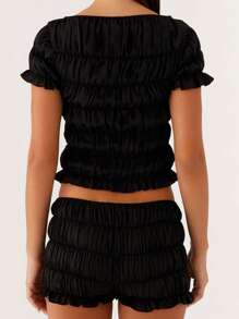 Women's 2 Piece Shorts Set Short Sleeve Boat Neck Ruched T-Shirt Shorts Outfits Sets - 黑色 - 查看 4