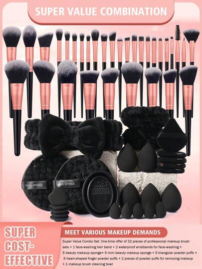 58pcs Makeup Brush Set Including 32pcs Makeup Brushes (Powder Brush, Blush Brush, Highlighter Brush, Eyeshadow Brush, Mascara Brush, Eyeliner Brush, Contour Brush), 5pcs Beauty Sponges, 5pcs Triangle Sponges For Loose Powder, 5pcs Finger Sponges For Concealer, 5pcs Mini Beauty Sponges, 1pc Makeup Brush Cleansing Bowl, 1pc Makeup Headband, 2pcs Makeup Cleansing Wristbands, Perfect For Makeup Application And Cleansing