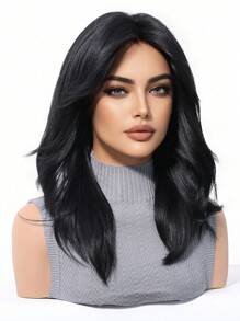 18英寸黑色侧刘海中卷合成耐热纤维假发，适合女性日常、派对、母亲节、音乐节等场合。 - 黑色 - 查看 5