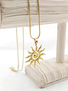 1pc 14K Gold Sun Snake Bone Chain Necklace Pendant, Fashionable Jewelry, Unique Small Collarbones Chain Design - Yellow Gold - View 2