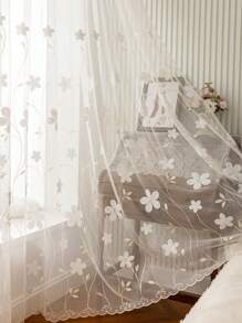 1 pieza Cortina translúcida con bordado floral, color crema estilo romántico francés, adecuada para sala de estar y dormitorio