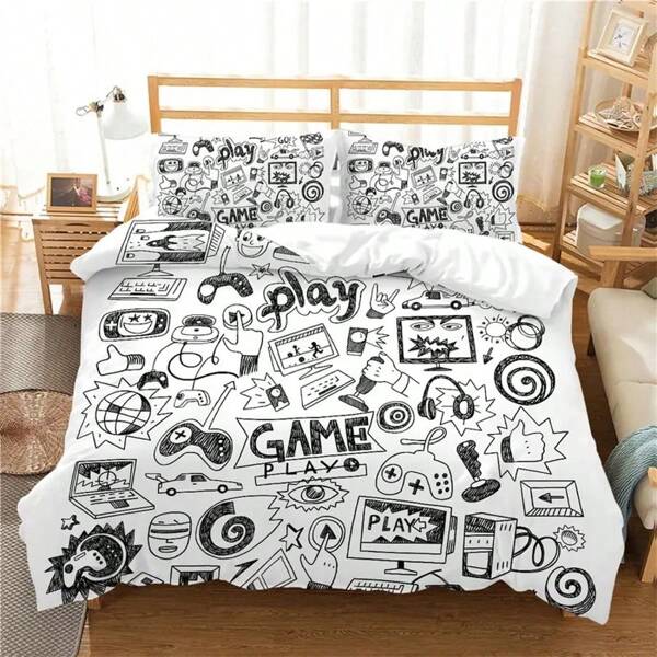 Juego de funda de edredón de 3 piezas 100% microfibra, estampado de mando de videojuegos para niños y adolescentes, funda de edredón suave y cómoda, para dormitorio, habitación de invitados (1*Funda de edredón + 1/2*Funda de almohada, sin relleno)