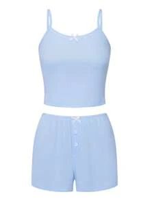 Lace Pajama Sets For Women 2 Piece Sleeveless Cami Tank Top And Shorts Pj Set Y2K Matching Lounge Sleepwear - 藍色 - 查看 7