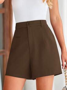 Women's Shorts Summer Fashion Elastic High-Waisted Wide-Leg Business Casual Formal Shorts With Pockets - 棕色 - 查看 3