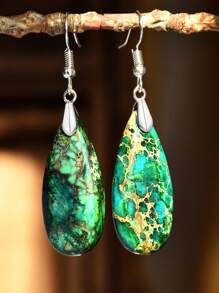 Brincos pendurados em formato de gota vintage, decoração de pedra natural, estilo boêmio retrô, enfeites de orelha para feriados, gradiente de cor, azul e verde