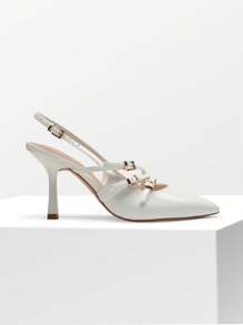 Women's Kitten Heel Slingback Pumps - Pointed Toe Buckle Strap Elegant Heels For Wedding, Party & Dress Occasions - trắng - Xem 5