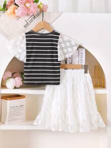 MommBaby Young Girls 2 Pieces Set: Round Neck Lace Spliced Striped T-Shirt + Mesh Lace Skirt, Butterfly Decor, Casual Outdoor Wear For Children, Summer Party