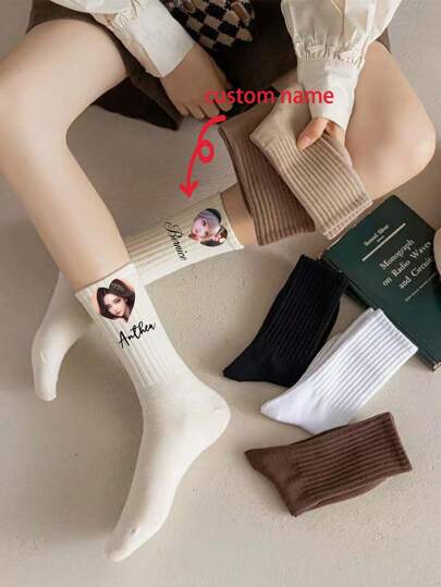 1 par strumpor för mellanstrumpor för kvinnor för höst och vinter Högar av strumpor Enfärgade vertikala remsor Koreansk stil College-stil Casual Sportstil Personlig textanpassning