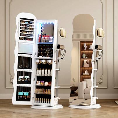 Vlsrka 360° Swivel Jewelry Aromire With Wavy Mirror, Lockable Jewelry Organizer Mirror Full Length, Rotatable Standing Mirror With Storage, Jewelry Cabinet, Interior Mirror, Flodable Shef