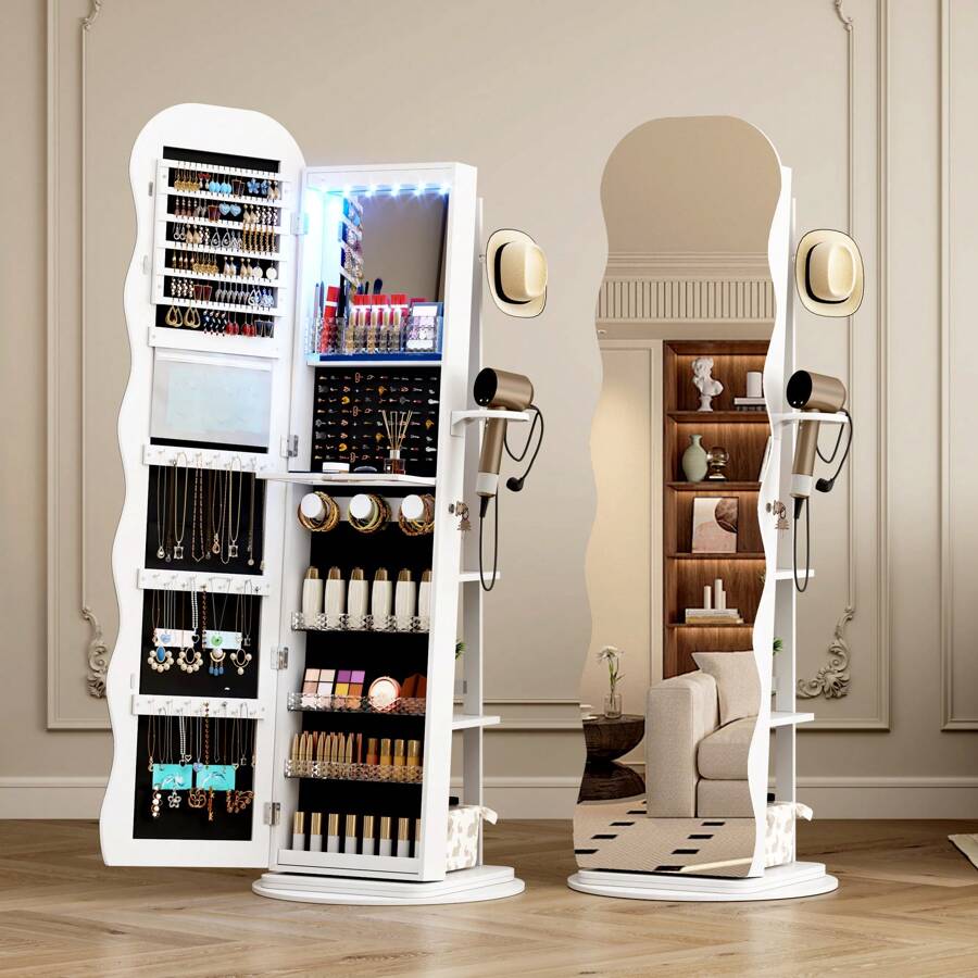 Vlsrka 360° Swivel Jewelry Aromire With Wavy Mirror, Lockable Jewelry Organizer Mirror Full Length, Rotatable Standing Mirror With Storage, Jewelry Cabinet, Interior Mirror, Flodable Shef - White - View 1