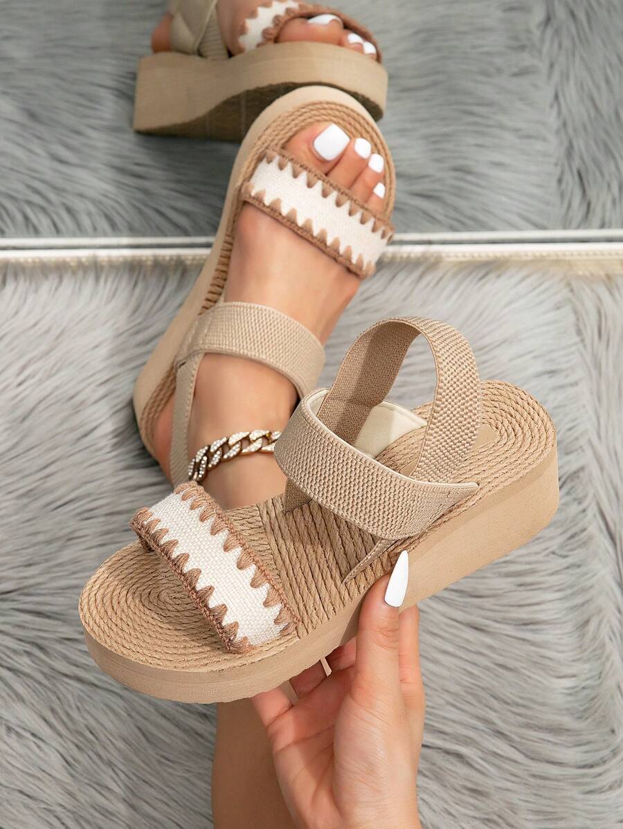Giày sandal đế xuồng đế xuồng cho nữ, đế xuồng có dây thun mũi sò, màu sắc đơn giản, đi biển mùa hè, đi chơi ngoài trời, giày sandal kaki màu nâu tối giản - Màu Khaki - Xem 1