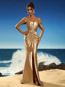 Vestido de fiesta formal de mujer con hombros descubiertos, drapeado y bajo de sirena con decoración de lazo, vestido de invitada de boda, vestido de noche, vestido de gala - Champán - Ver 7