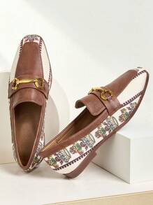 Premium Colorblock Square Toe Women Loafers Shoes With Metal Buckle, Versatile Classic Slip-On Casual Fashion Shoes