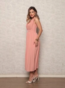 Elegant Women's Dress With Marked Waist - Sleeveless Discreet Neckline And Loose Skirt For Formal Or Casual Occasions - 淺粉色 - 查看 5