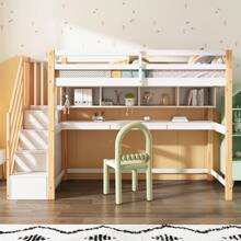 Loft Bed For Children 90x200cm, Storage Stairs, Desk, Solid Wood, White, Without Mattress - White - View 2