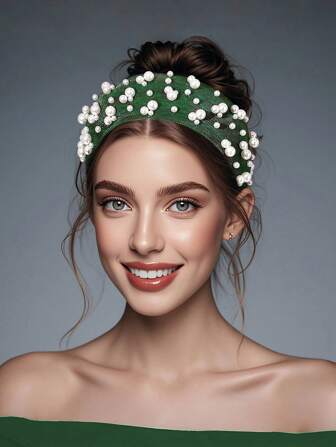 1 件优雅绿色网状装饰宽头带，带珍珠，适合派对、拍照、日常佩戴