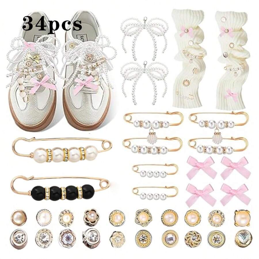 34 piezas de Charms para zapatos para tenis, Charms para cordones de zapato, Charms DIY para cordones de zapato para zapatos de mujer, decoraciones de joyería para zapatos, Charms para tenis, Kit de Charms para calcetines de basura y tenis de mujer - Accesorios de ropa - Ver 1