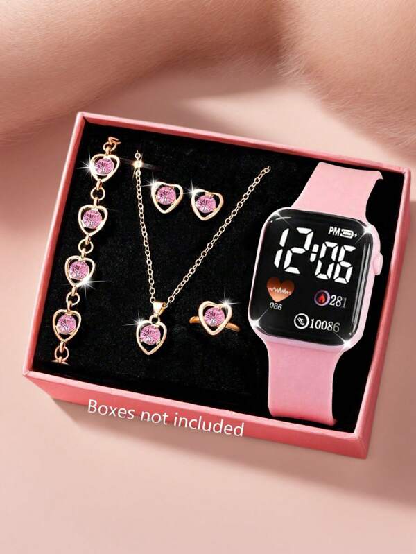 6pcs/Set Girls Cartoon Heart-Shaped Square Digital Watch And Rhinrhino Jewelry Set, Necklace, Bracelet, Earrings, Rings, Birthday Gifts, Back-To-School Season, Thanksgiving, Go Out Everything