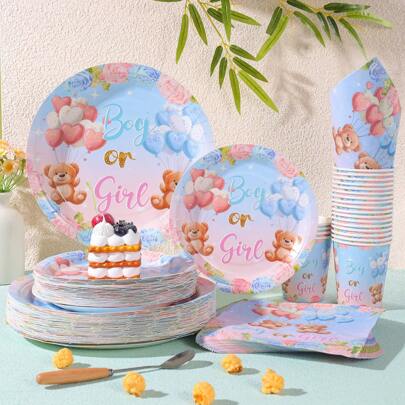 Set de vaisselle en papier ours en peluche pour révélation de sexe, assiettes de 7/9 pouces, serviettes, gobelets, fournitures de fête d'anniversaire, assiettes en papier jetables, serviettes, gobelets, convient pour les décorations de fête d'anniversaire à thème