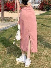 女式可调节腰部休闲复古水洗开衩中长牛仔半身裙，宽松修身