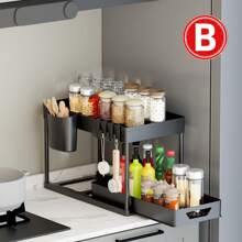 双层塑料储物架，台面储物架，水槽下多功能收纳架，调料架，浴室储物架，适用于家庭和商用厨房 - 彩色 - 查看 4