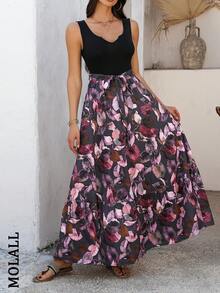 Summer Beach Date Sleeveless Print Patchwork Dress - Purple - View 3