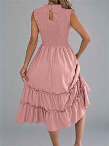 Summer Smocked Waist Dress Sleeveless Round Neck Ruffle Trim Flounce Hem Solid Color Beach Cover Up Resort Midi Vacation Essential Womens Pink Sundress - Hồng - Xem 2