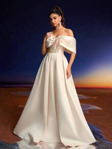 Anymoon Luxury Lace Sequins 3D Floral Decor Formal Evening Gown Suitable For Formal Dances, Parties And Wedding Event,Party Dress,Wedding Guest - Apricot - View 4