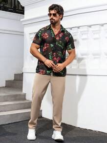 Men's Casual Button Up Short Sleeve Fashion Resort Beach Shirt - 黑色 - 查看 6