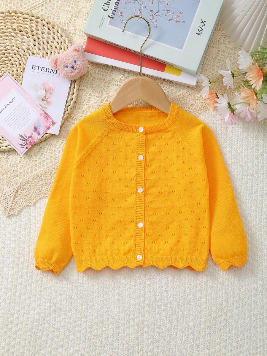 Baby Girl Lightweight Hollow Floral Button Down Long Sleeve Knitted Cardigan