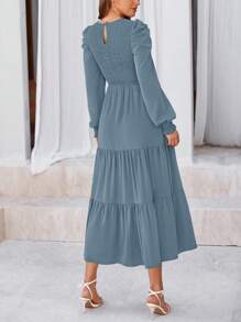 Women's Spring Wedding Guest Puffy Long Sleeve Maxi Dress Casual Round Neck Drawstring Layered A-Line Flutter Long Dress - Gray Blue - View 2