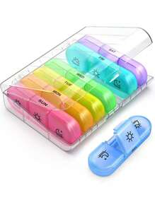 1PC Innovative Rainbow Black-And-White Transparent Lid Design Large Capacity 7-Day 14-Compartment AM/PM Mini Compartmented Colorful Combination Pill Organizer, Detachable Weekly Pill Box, Portable Multi-Colored Separable Vitamin & Supplement Storage Case, Daily Timed Reminder, Health Management Assistant, Essential Family Medicine Box, Portable Personal Pill Case