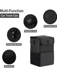 1个便携式可折叠带盖垃圾桶 - 带收纳袋的悬挂式车载垃圾桶 - 车载垃圾桶和收纳盒，防水迷你车载垃圾桶带盖和收纳袋，车载垃圾袋悬挂配件 - 黑色 - 查看 5