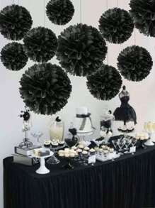5pcs Black Tissue Paper Pom Poms, Black Paper Lanterns,Paper Flowers, New Year, Birthday, Graduation, Single Lady, Wedding, Bridal Shower Party Decoration,Birthday Party Background Decor Flowers, DIY Hanging Decor
