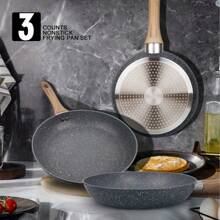 1 件/3 件灰色铝制不粘煎锅 - 火山石涂层、木质手柄和通用炉灶安全（无涂层、易清洁和轻巧设计） - 淺灰色 - 查看 2