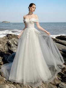 春季新款优雅露肩布里奇顿风格白色蕾丝贴花紧身胸衣网眼优雅新娘婚纱 - 白色 - 查看 6