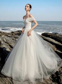 春季新款优雅露肩布里奇顿风格白色蕾丝贴花紧身胸衣网眼优雅新娘婚纱 - 白色 - 查看 8