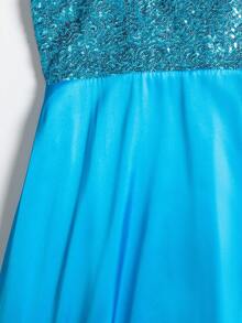 女士正式晚礼服细肩带亮片缎面优雅晚礼服、派对礼服，适合婚礼宾客 - 藍色 - 查看 7