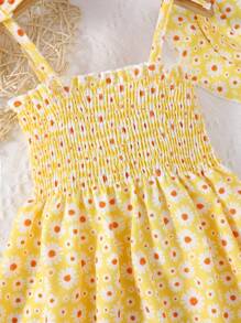 MommBaby Vestido de niña bebé con estampado de flores y sombrero a juego, tirantes con lazo, sin mangas, estilo casual de playa para el verano