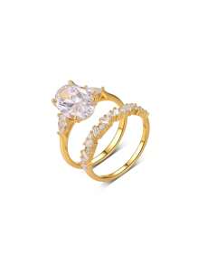 2pcs Set 925 Sterling Silver Oval Cubic Zirconia Inlaid Stacking Engagement Rings Bridal Wedding Jewelry Set - Gold - View 7