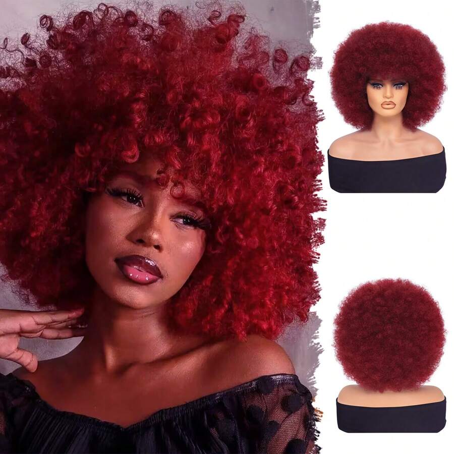 70年代非洲风情刘海假发，女士卷发假发，蓬松卷曲非洲风情假发，高品质合成大号非洲风情假发