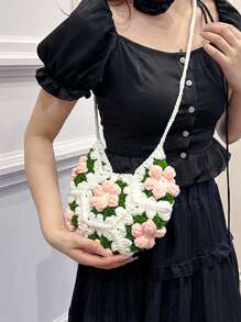 [Producto Terminado] Bolso bandolera pequeño con parches de flores esponjosas a doble cara, monedero dulce hecho a mano de ganchillo y tejido, para teléfono y monedas, accesorios